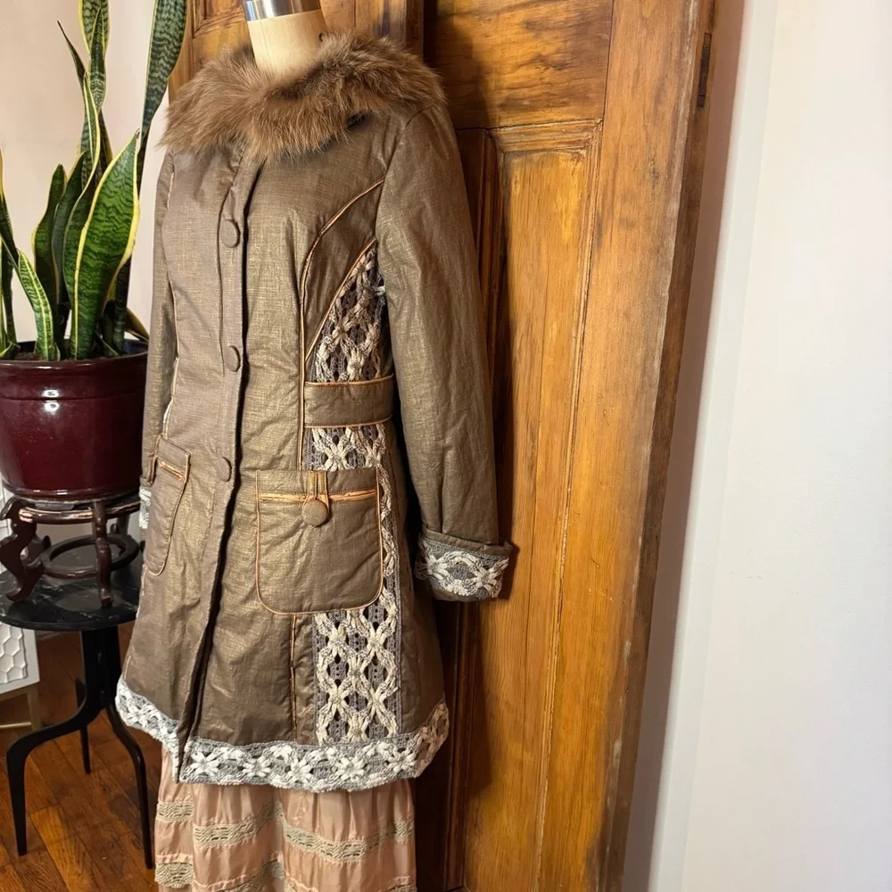 Penny Lane fur cotton crochet puffer button down fur collar coat - Picture 4 of 17